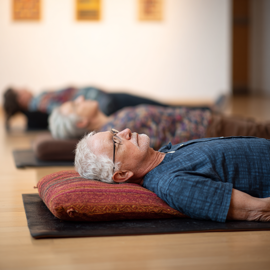 older adults in restorative yoga session with props